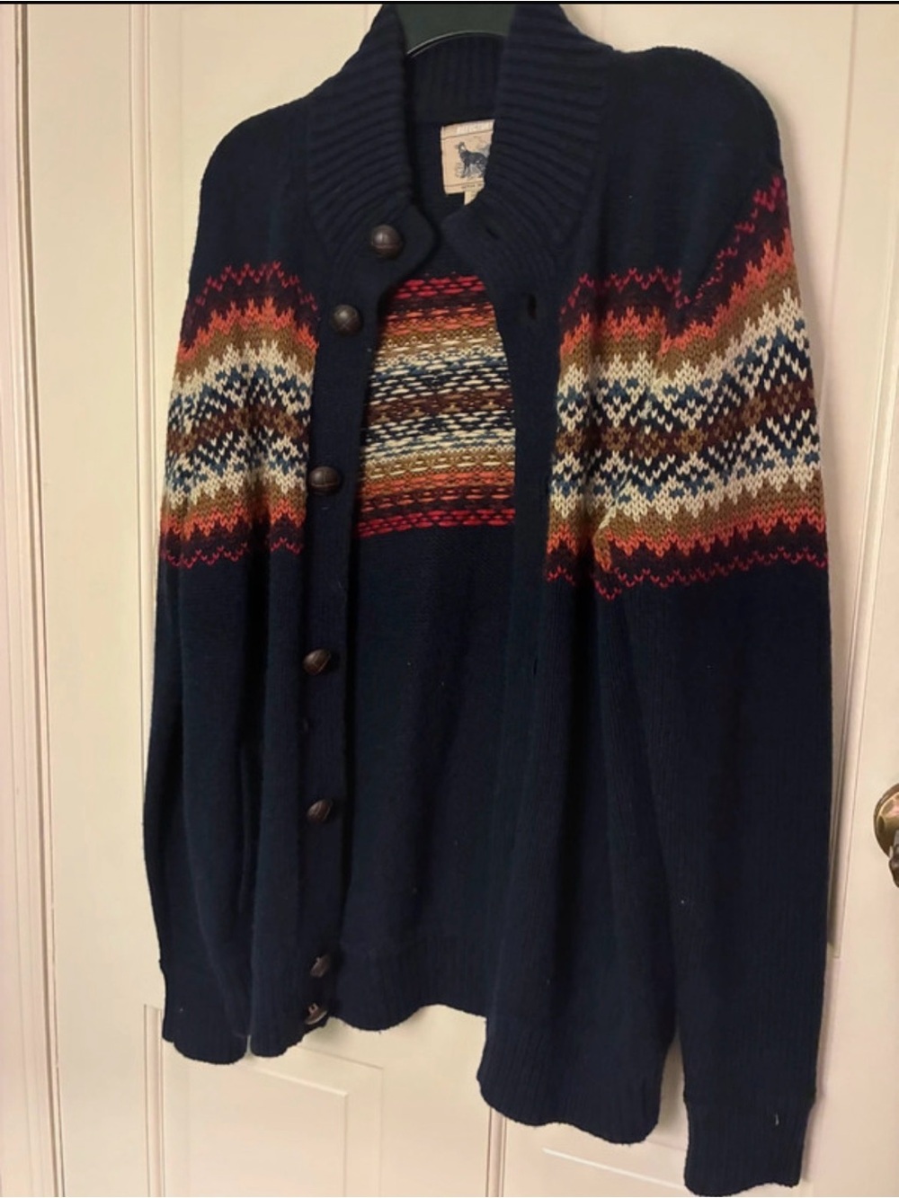 Vintage Men's Navy Sweater Cardigan - Multicolor Pattern